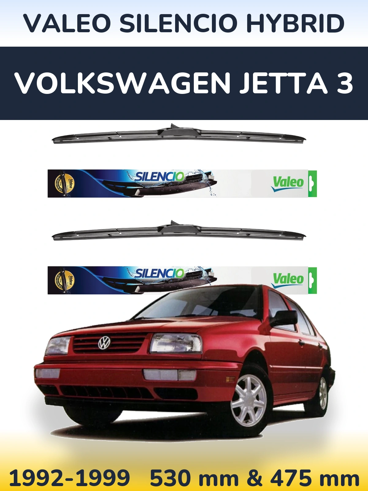 Front wiper blade set Valeo Silencio Hybrid 530 & 475 mm for Volkswagen Jetta 3 1992-1999