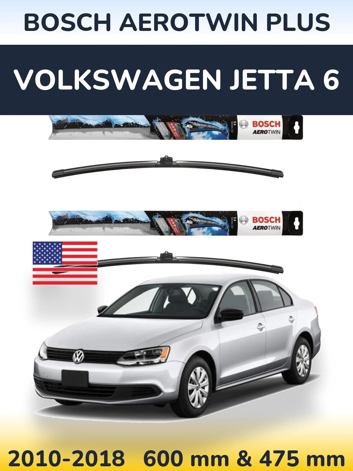 Front wiper blade set BOSCH AeroTwin Plus 600 & 475 mm for Volkswagen Jetta 6 2010-2018