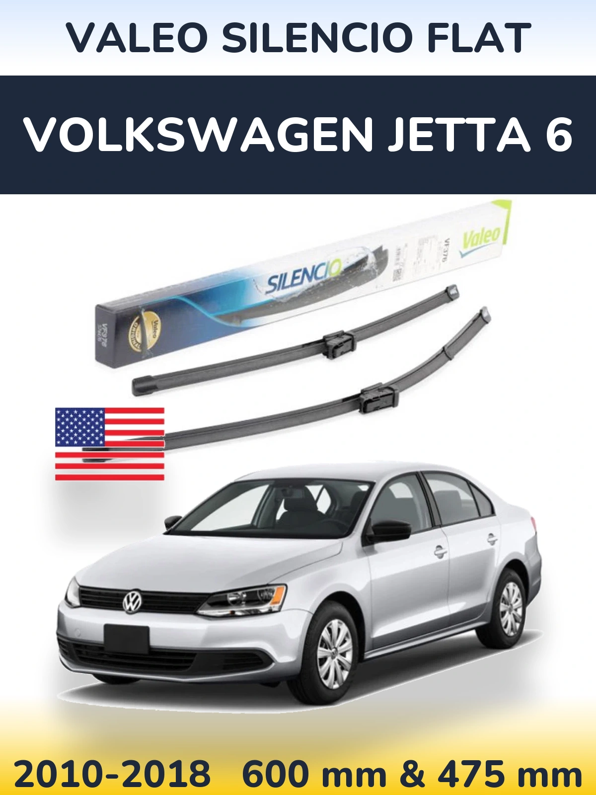 Front wiper blade set Valeo Silencio Flat 600 & 475 mm for Volkswagen Jetta 6 2010-2018