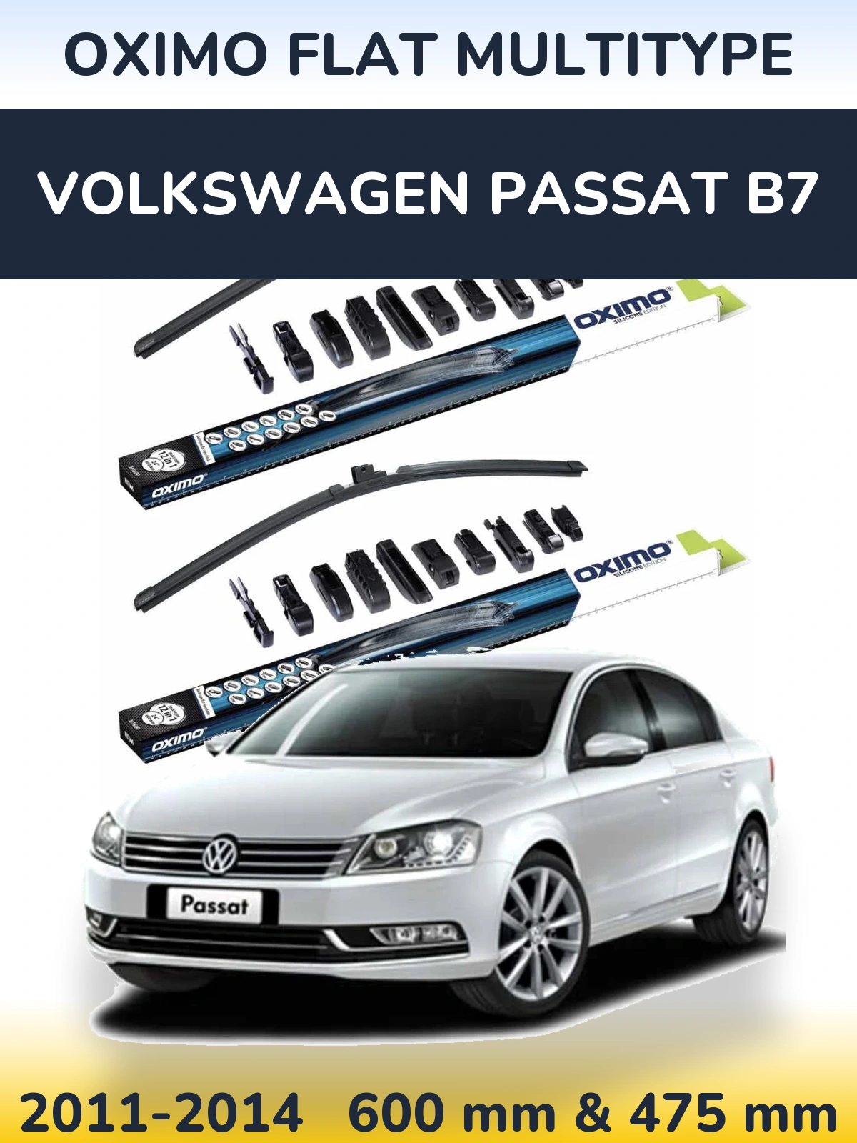 Front wiper blade set Oximo Flat MultiTipse 600 & 475 mm for Volkswagen Passat B7 2011-2014