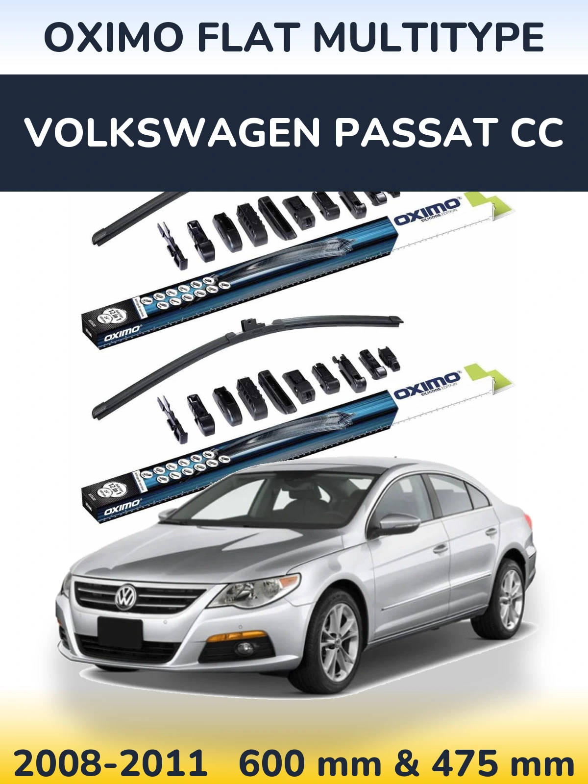 Front wiper blade set Oximo Flat MultiTipse 600 & 475 mm for Volkswagen Passat CC 2008-2011