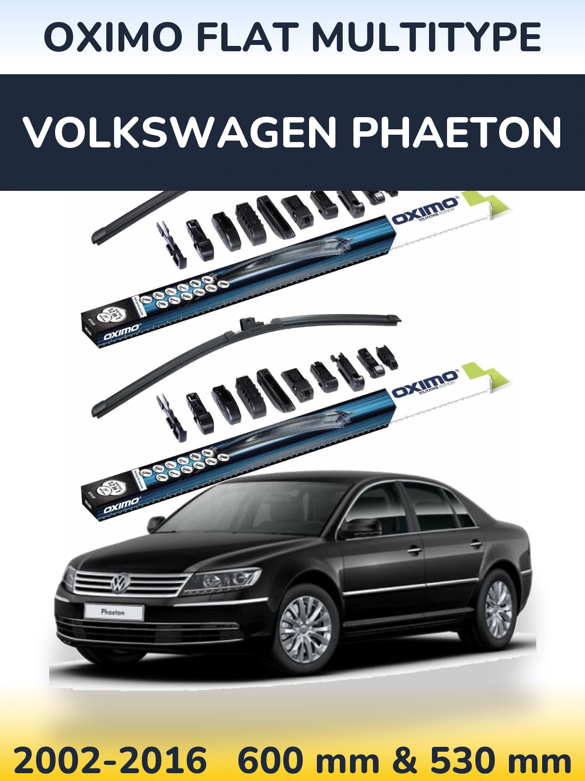 Front wiper blade set Oximo Flat MultiTipse 600 & 530 mm for Volkswagen Phaeton 2002-2016
