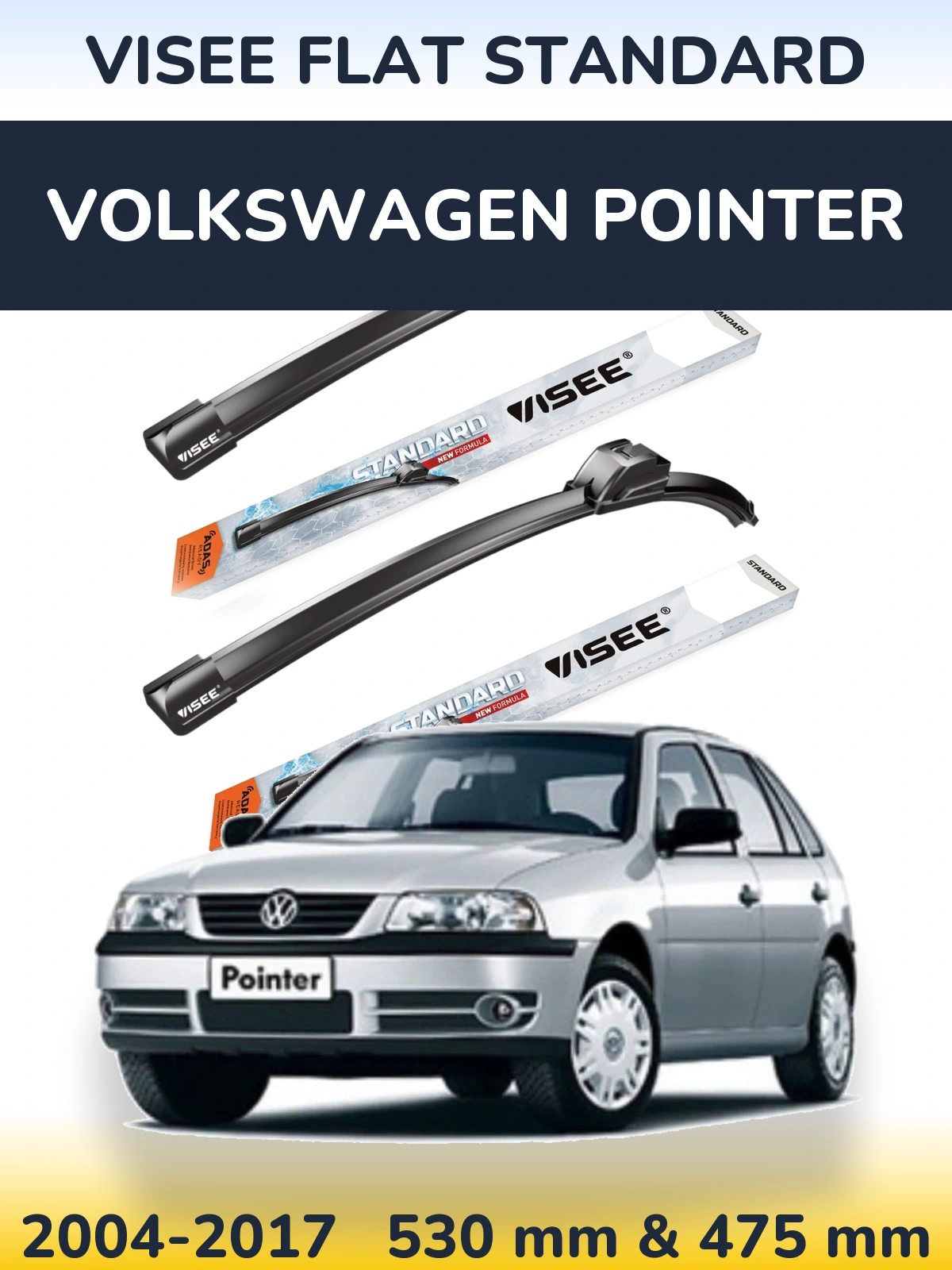 Front wiper blade set VISEE FLAT STANDARD 530 & 475 mm for Volkswagen Pointer 2004-2017