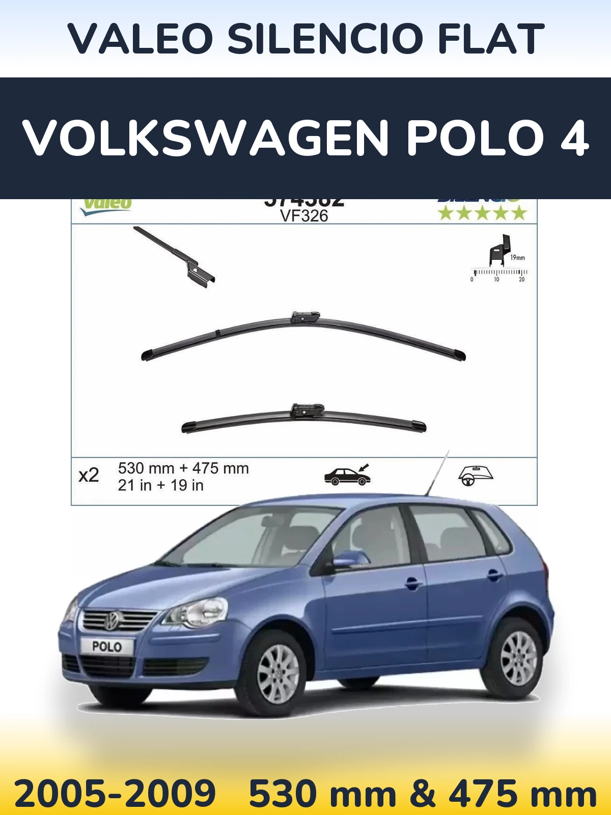 Front wiper blade set Valeo Silencio Flat 530 & 475 mm for Volkswagen Polo 4 2005-2009