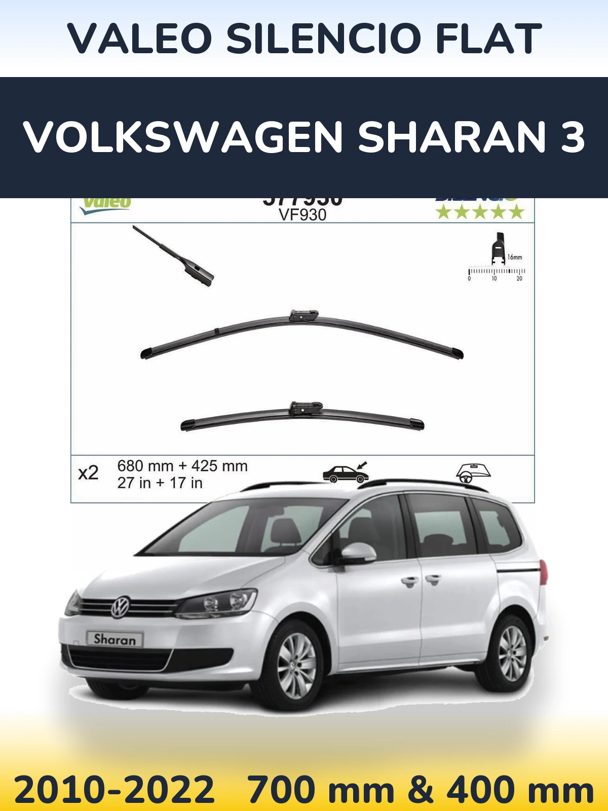 Front wiper blade set Valeo Silencio Flat 680 & 400 mm for Volkswagen Sharan 3 2010-2022