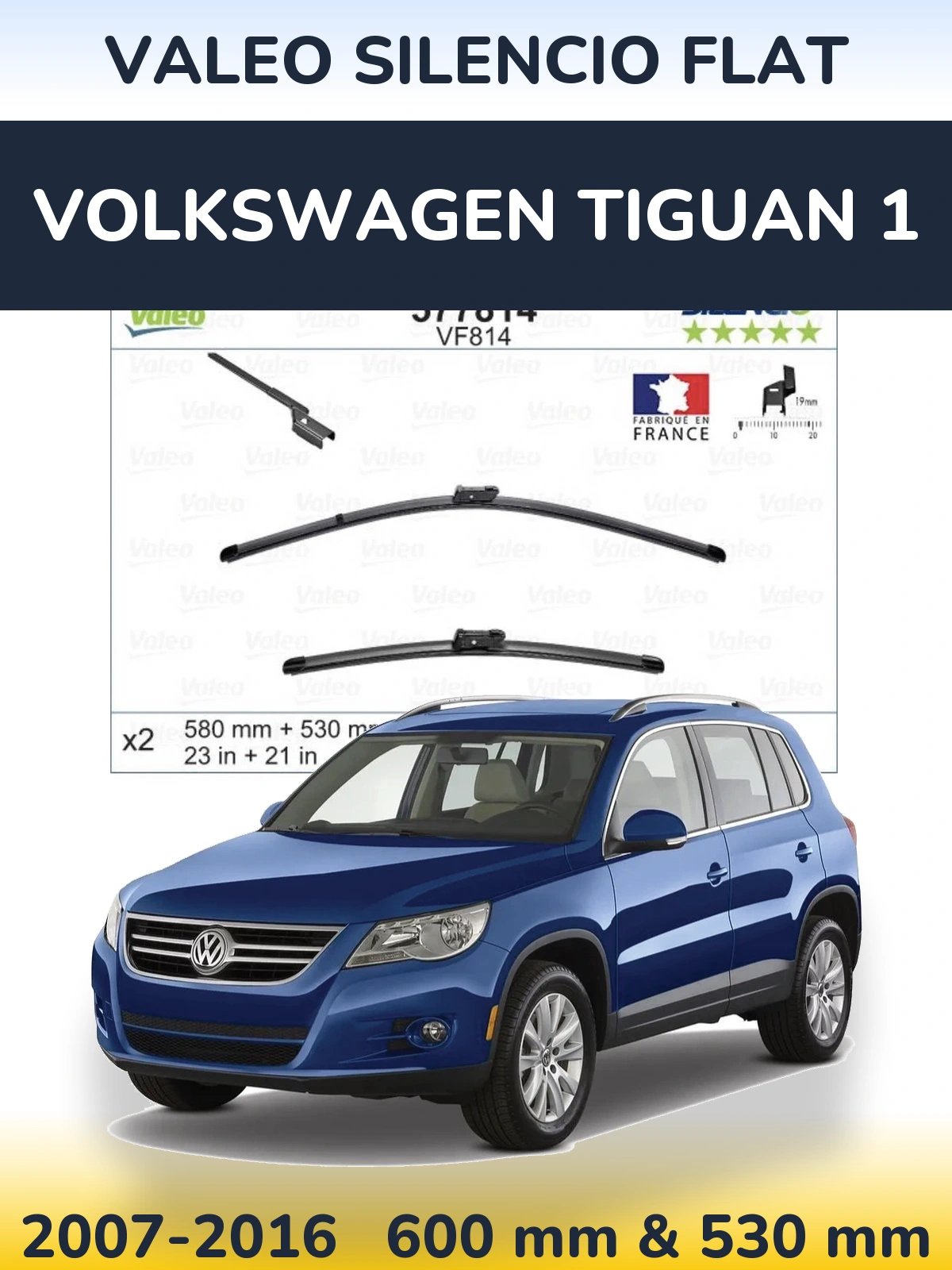 Front wiper blade set Valeo Silencio Flat 580 & 530 mm for Volkswagen Tiguan 1 2007-2016