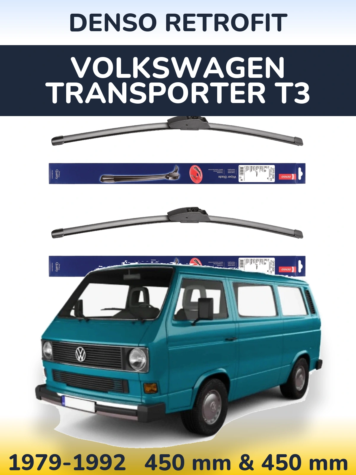 Front wiper blade set Denso Retrofit 450 & 450 mm for Volkswagen Transporter T3 1979-1992
