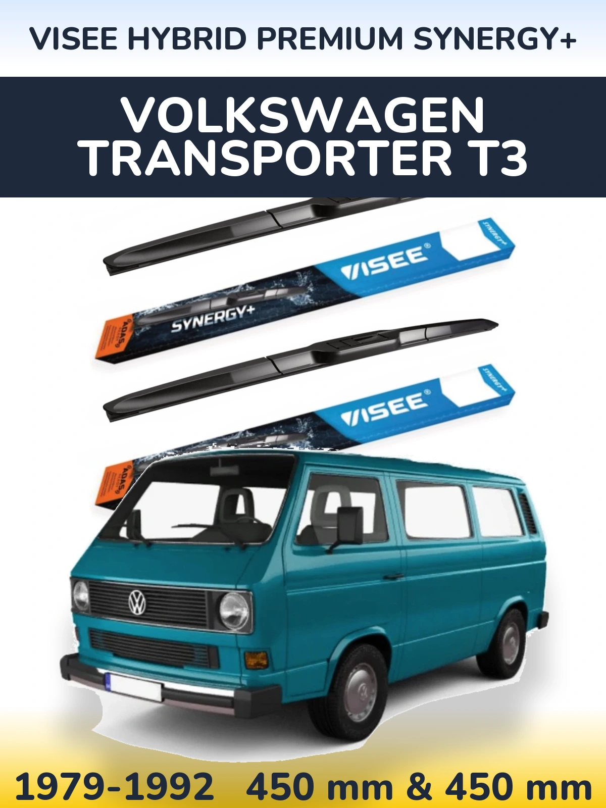 Front wiper blade set VISEE HYBRID PREMIUM SYNERGY+ 450 & 450 mm for Volkswagen Transporter T3 1979-1992