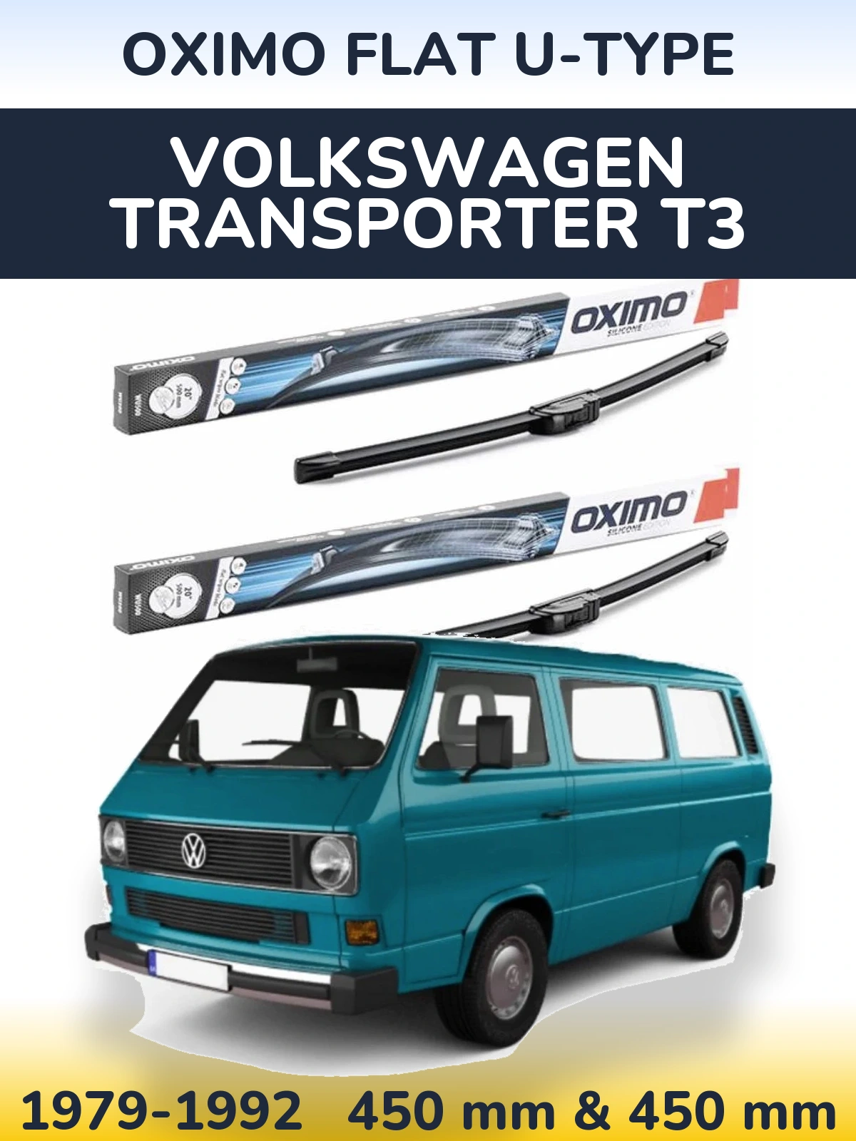 Front wiper blade set Oximo Flat U-type 450 & 450 mm for Volkswagen Transporter T3 1979-1992