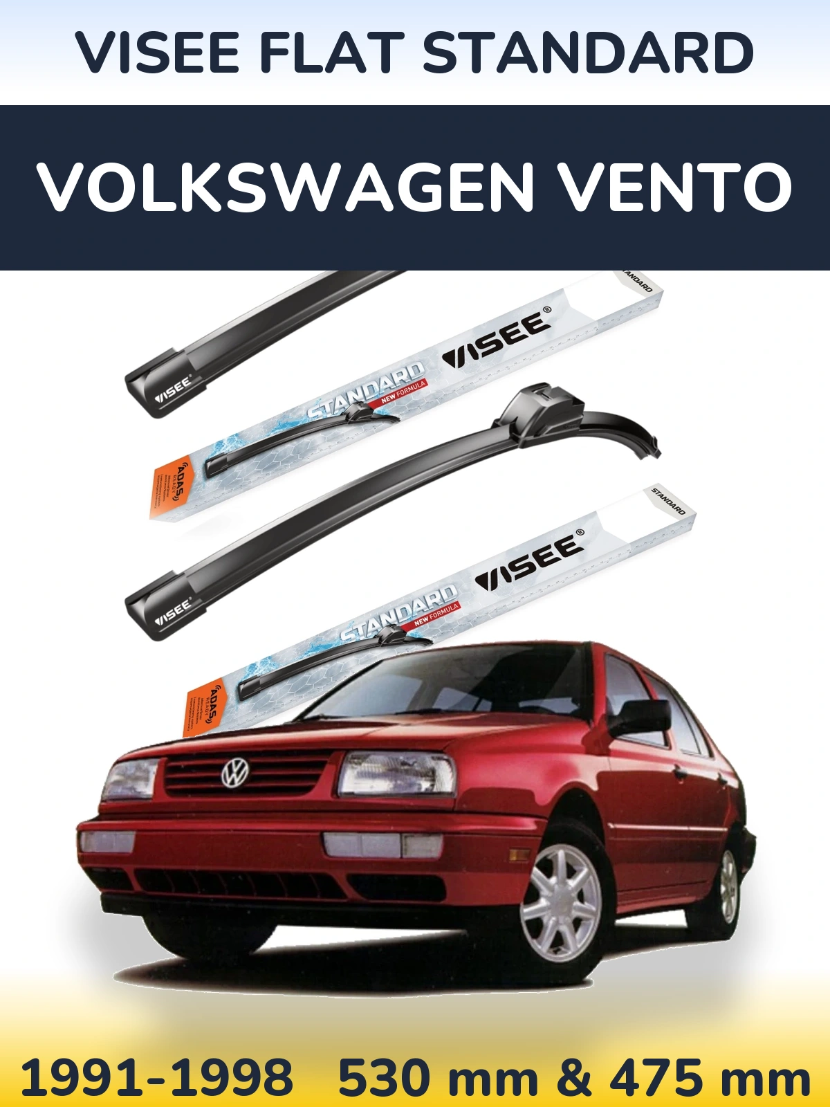 Front wiper blade set VISEE FLAT STANDARD 530 & 475 mm for Volkswagen Vento 1991-1998