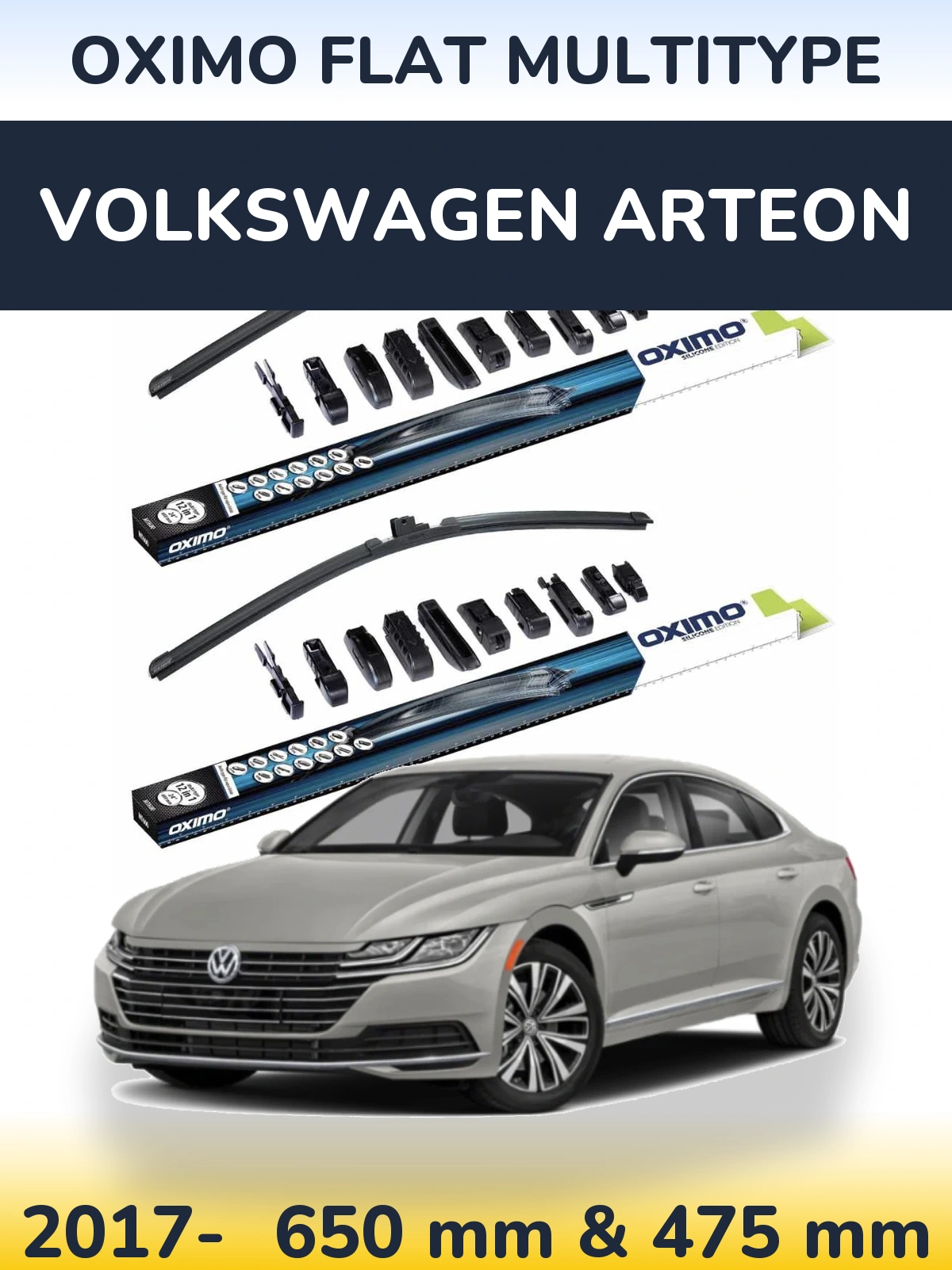 Front wiper blade set Oximo Flat MultiTipse 650 & 475 mm for Volkswagen Arteon 2017-2026
