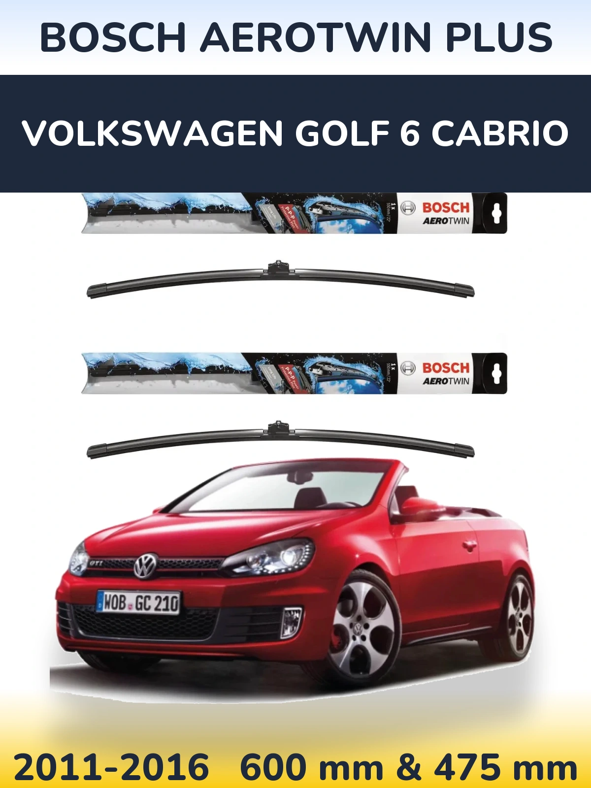 Комплект передних дворников BOSCH AeroTwin Plus 600 & 475 мм для Volkswagen Golf 6 Cabrio 2011-2016