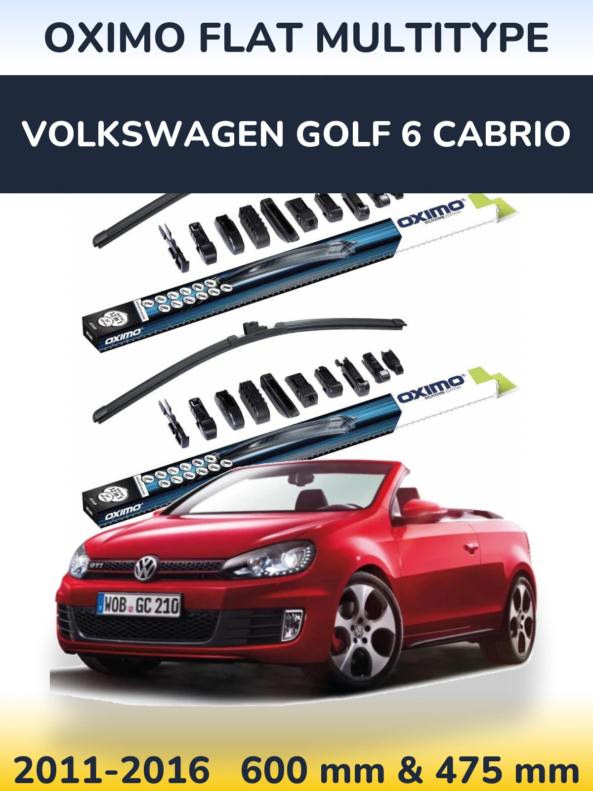 Front wiper blade set Oximo Flat MultiTipse 600 & 475 mm for Volkswagen Golf 6 Cabrio 2011-2016