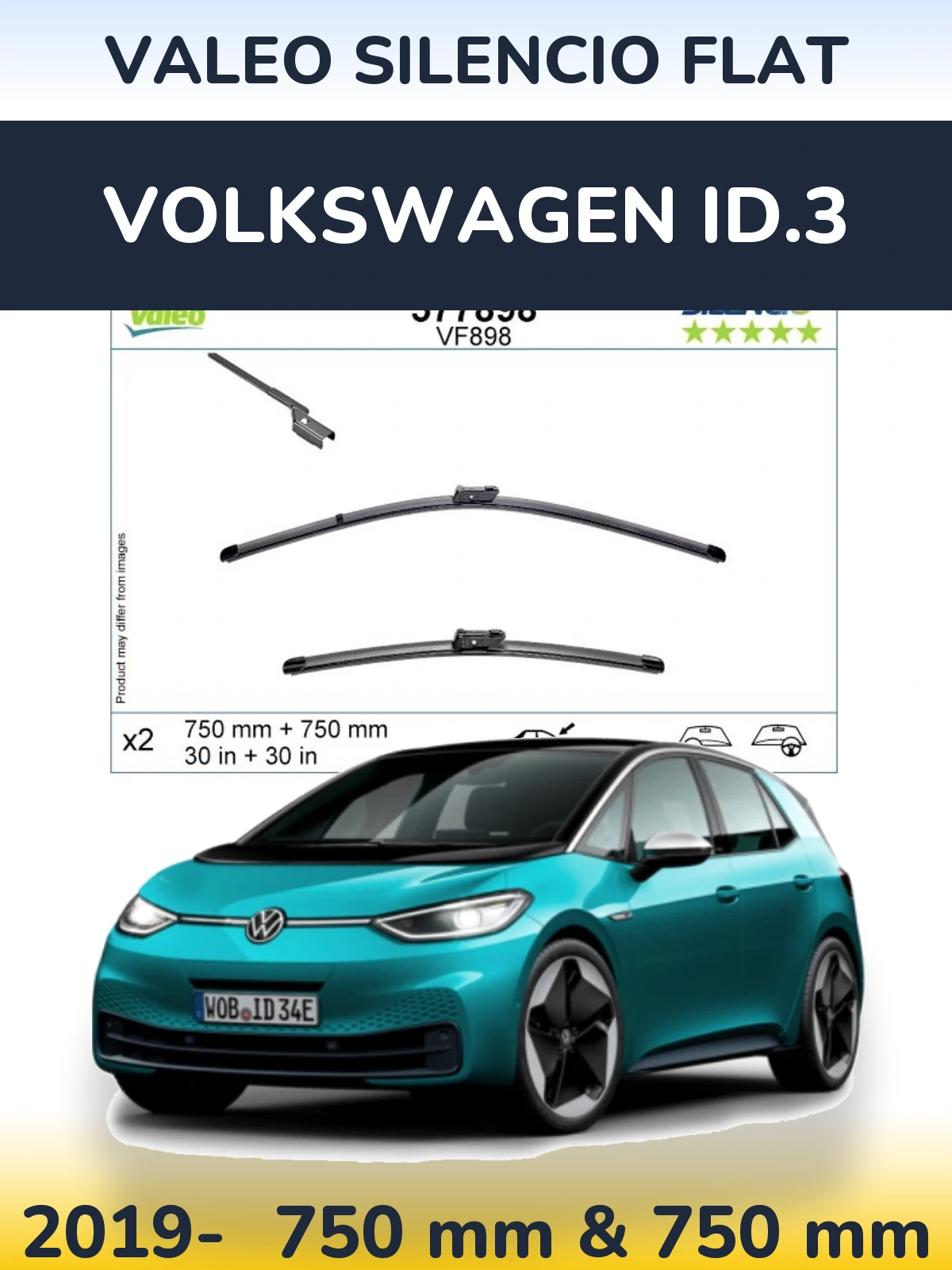 Front wiper blade set Valeo Silencio Flat 750 & 750 mm for Volkswagen ID.3 2019-2026