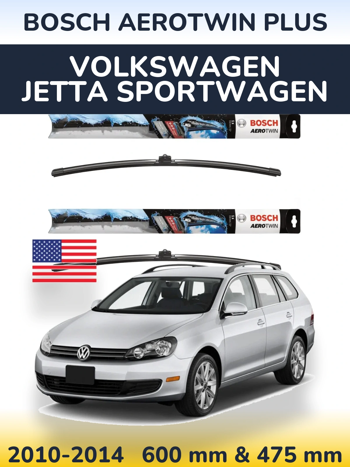 Комплект передніх щіток BOSCH AeroTwin Plus 600 & 475 мм для Volkswagen Jetta SportWagen 2010-2014