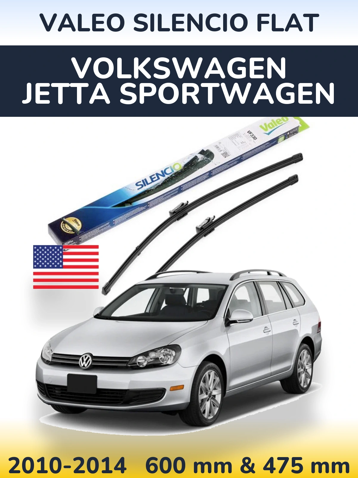 Front wiper blade set Valeo Silencio Flat 600 & 475 mm for Volkswagen Jetta SportWagen 2010-2014