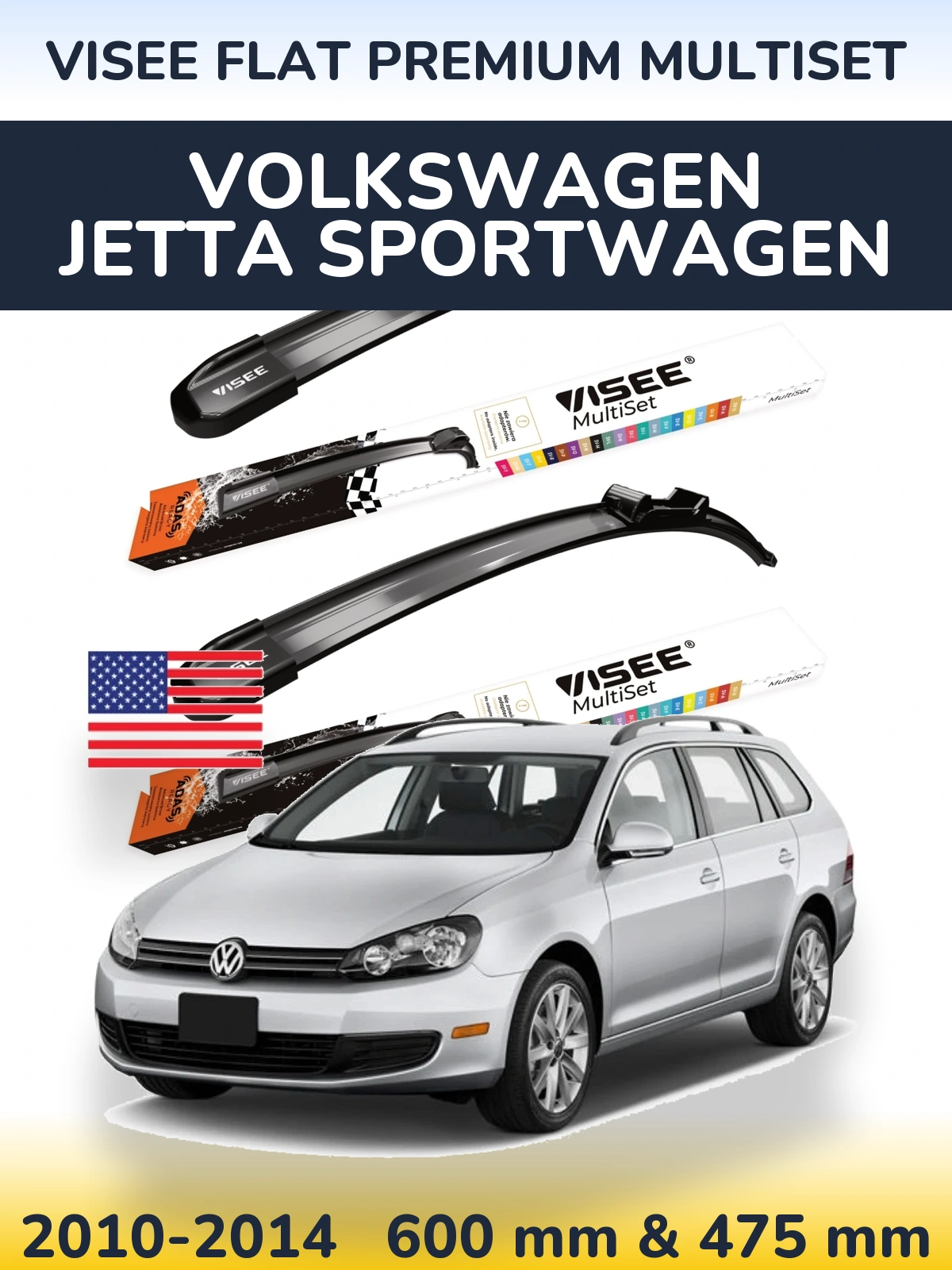 Front wiper blade set VISEE FLAT PREMIUM MultiSet 600 & 475 mm for Volkswagen Jetta SportWagen 2010-2014