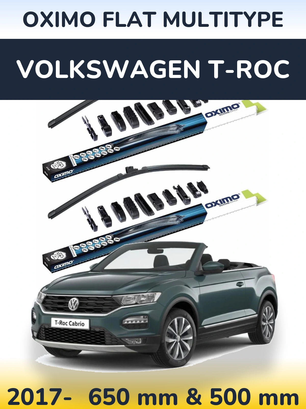 Front wiper blade set Oximo Flat MultiTipse 650 & 500 mm for Volkswagen T-Roc 2017-2026