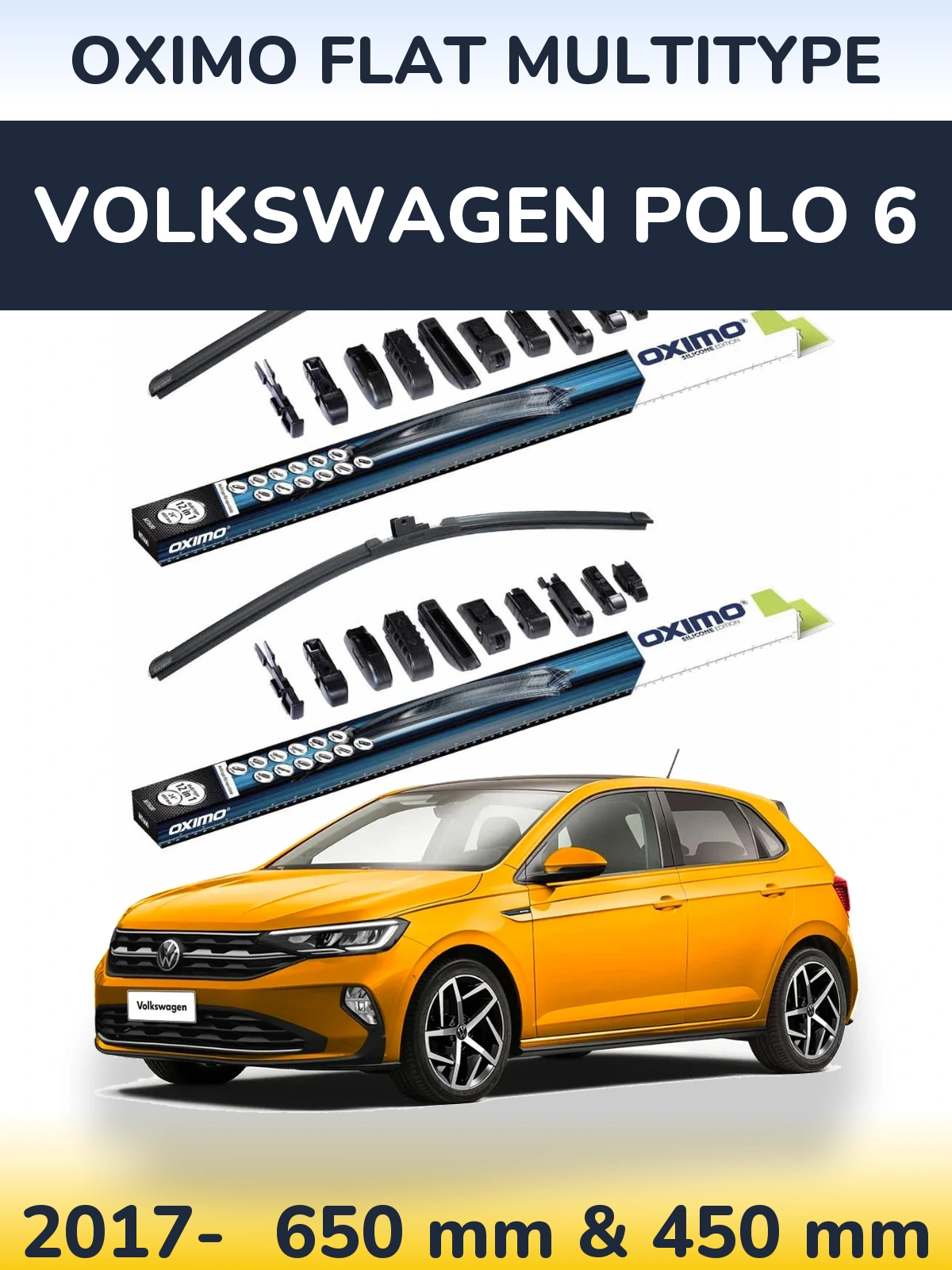 Front wiper blade set Oximo Flat MultiTipse 650 & 450 mm for Volkswagen Polo 6 2017-2026
