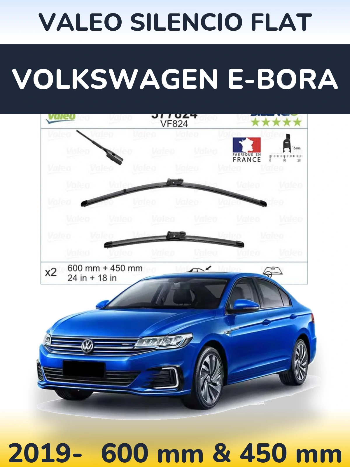 Front wiper blade set Valeo Silencio Flat 600 & 450 mm for Volkswagen e-Bora 2019-2026