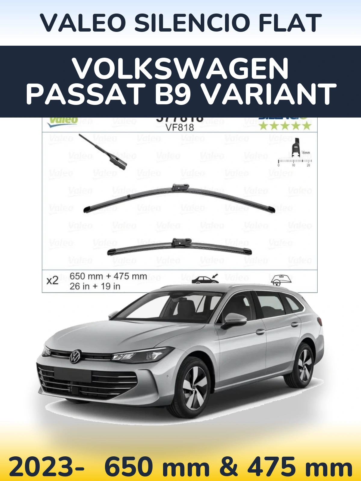 Front wiper blade set Valeo Silencio Flat 650 & 475 mm for Volkswagen Passat B9 Variant 2023-2026