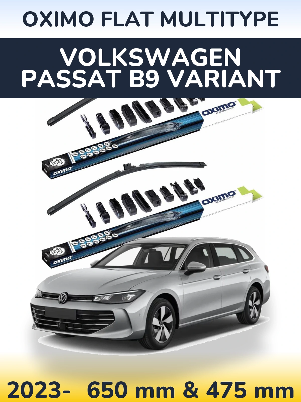 Front wiper blade set Oximo Flat MultiTipse 650 & 475 mm for Volkswagen Passat B9 Variant 2023-2026
