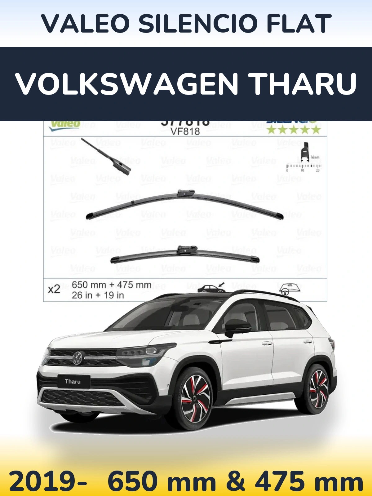 Front wiper blade set Valeo Silencio Flat 650 & 475 mm for Volkswagen Tharu 2019-2026