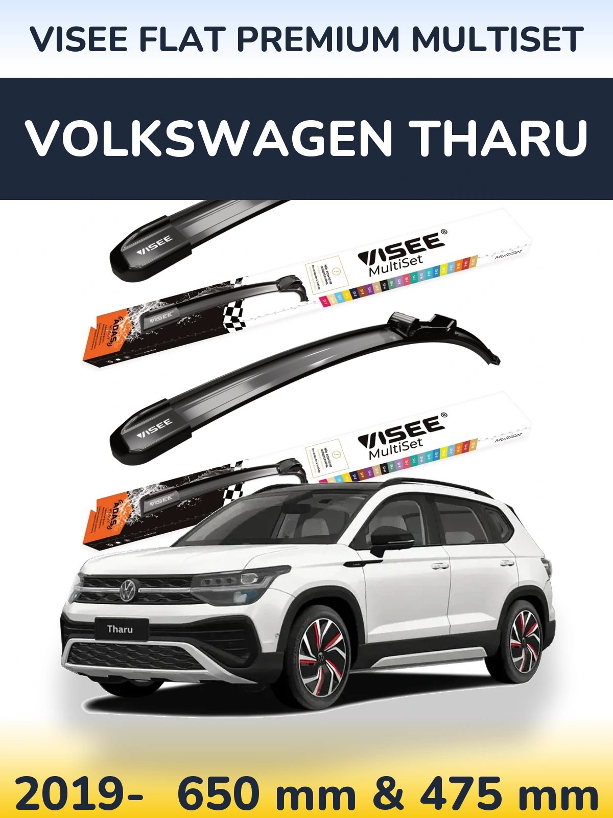 Front wiper blade set VISEE FLAT PREMIUM MultiSet 650 & 475 mm for Volkswagen Tharu 2019-2026