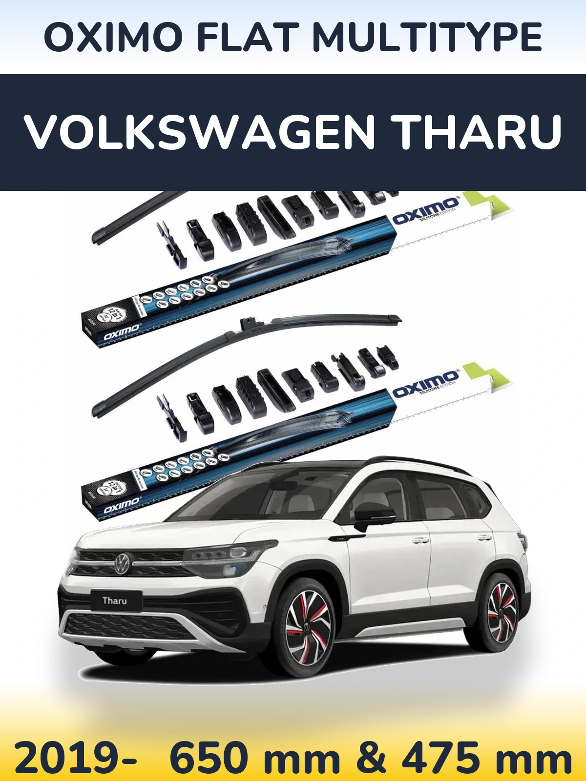 Front wiper blade set Oximo Flat MultiTypee 650 & 475 mm for Volkswagen Tharu 2019-2026