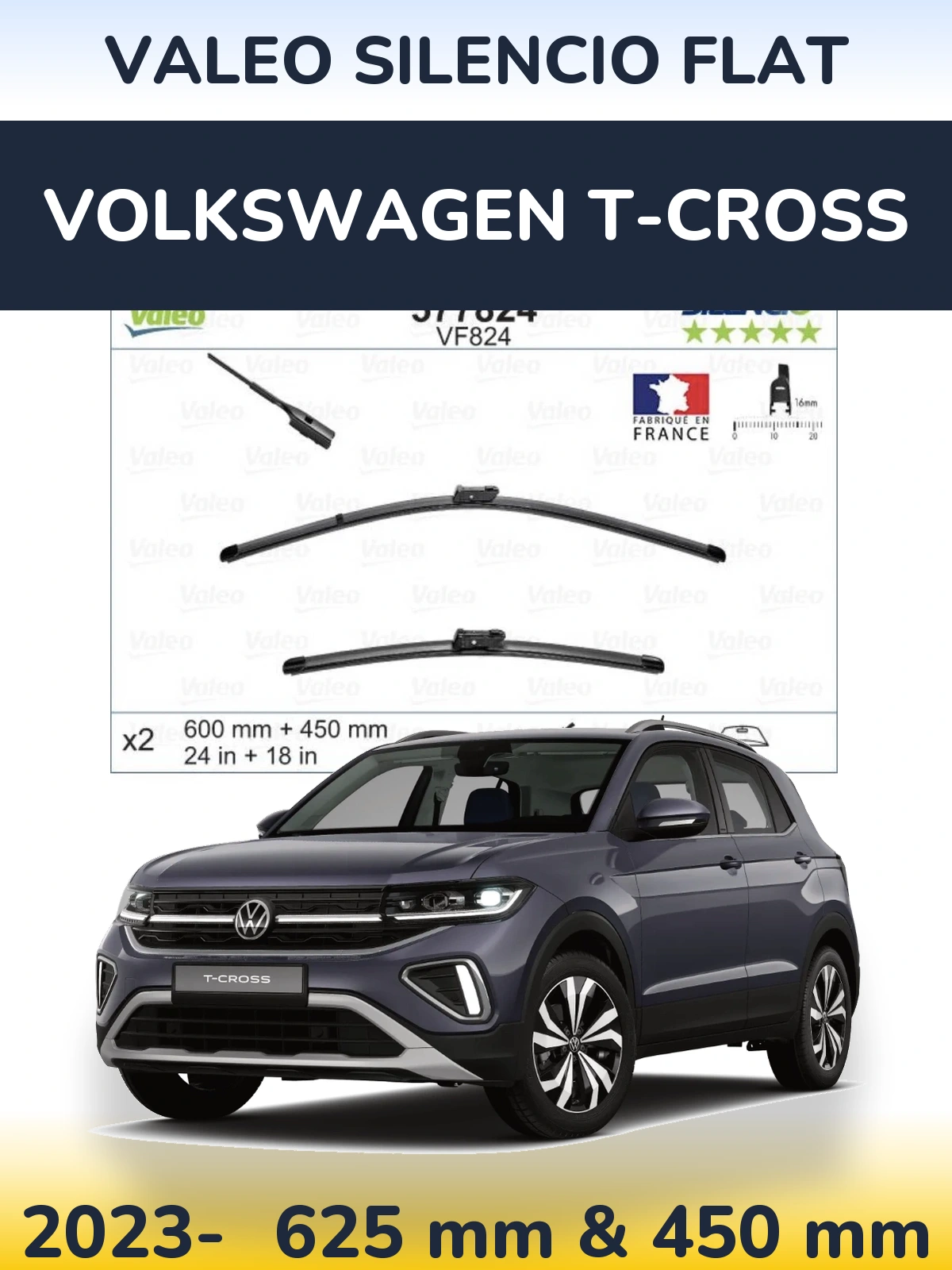 Комплект передніх щіток Valeo Silencio Flat 600 & 450 мм для Volkswagen T-Cross 2023-2026