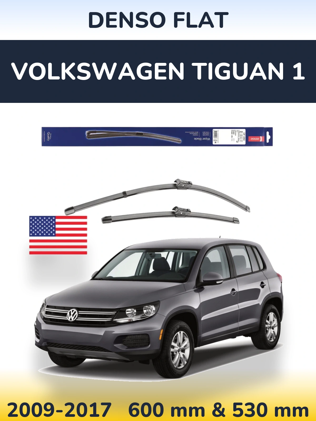 Front wiper blade set Denso Flat 580 & 530 mm for Volkswagen Tiguan 1 2009-2017