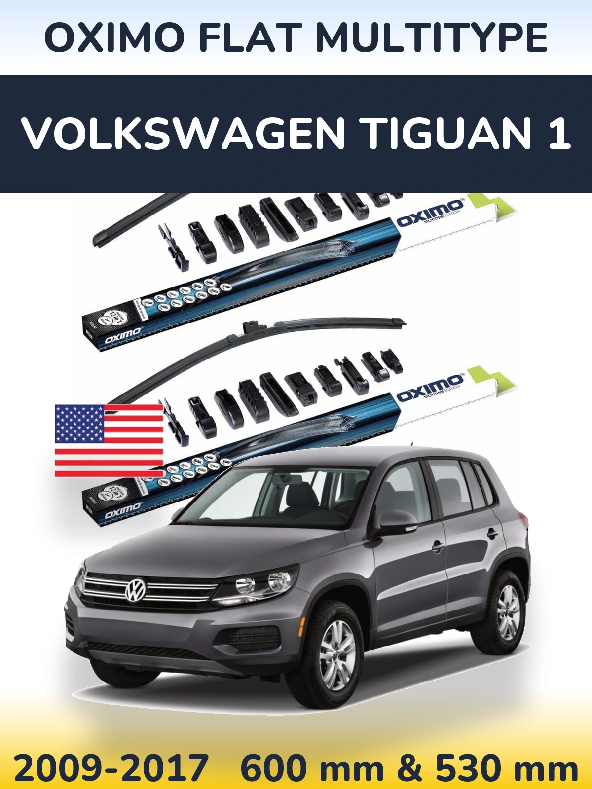 Front wiper blade set Oximo Flat MultiTipse 600 & 530 mm for Volkswagen Tiguan 1 2009-2017