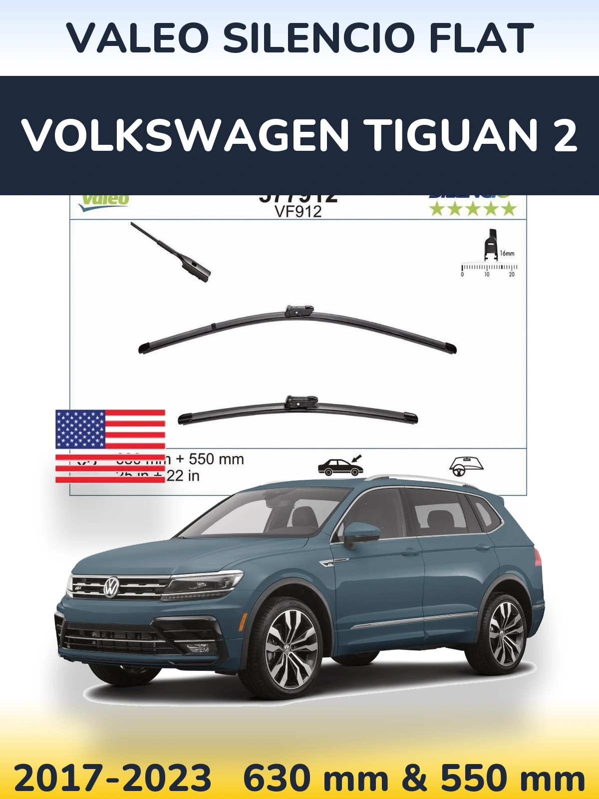 Комплект передних дворников Valeo Silencio Flat 630 & 550 мм для Volkswagen Tiguan 2 2017-2023