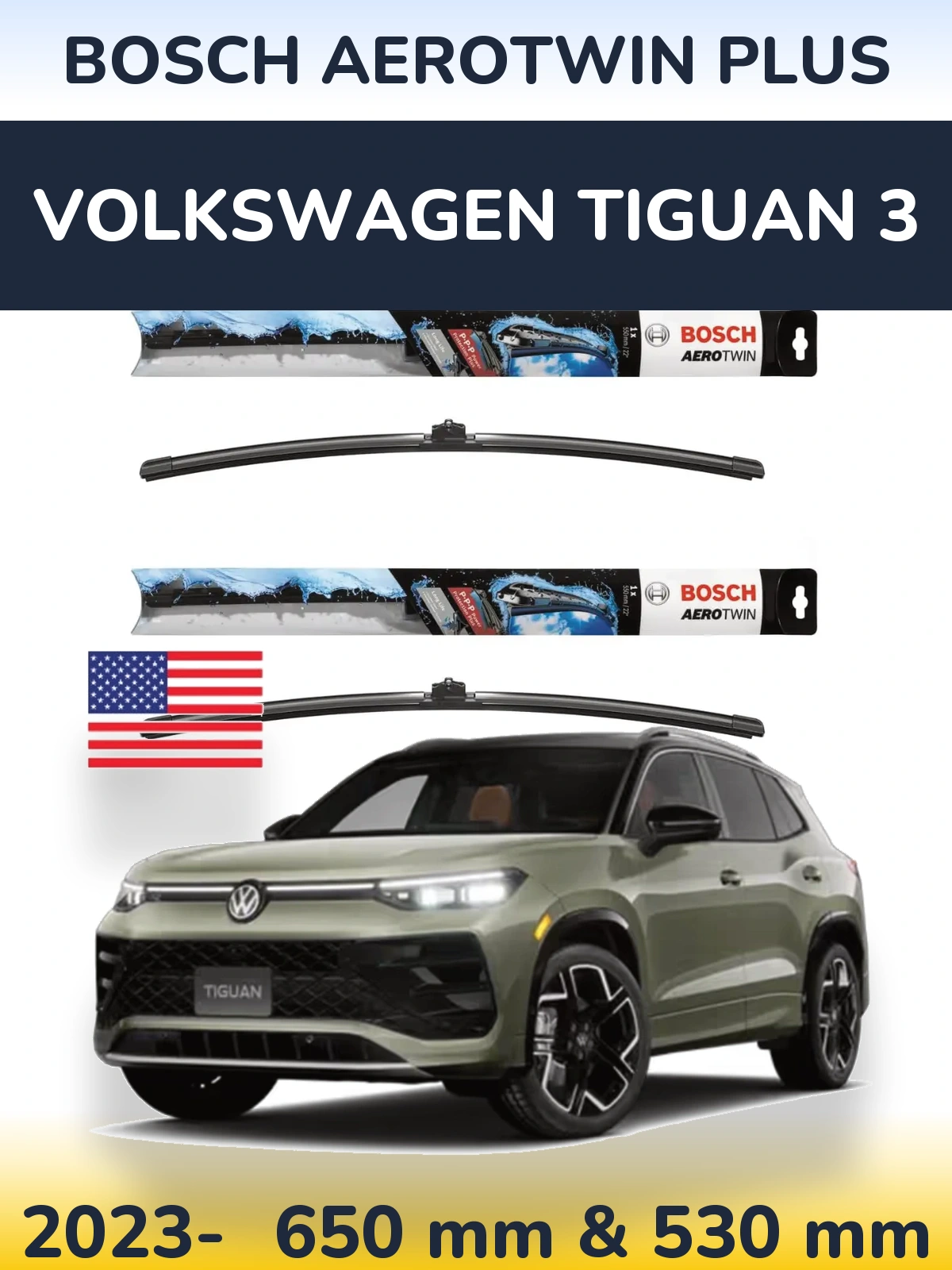 Комплект передних дворников BOSCH AeroTwin Plus 650 & 530 мм для Volkswagen Tiguan 3 2023-2026