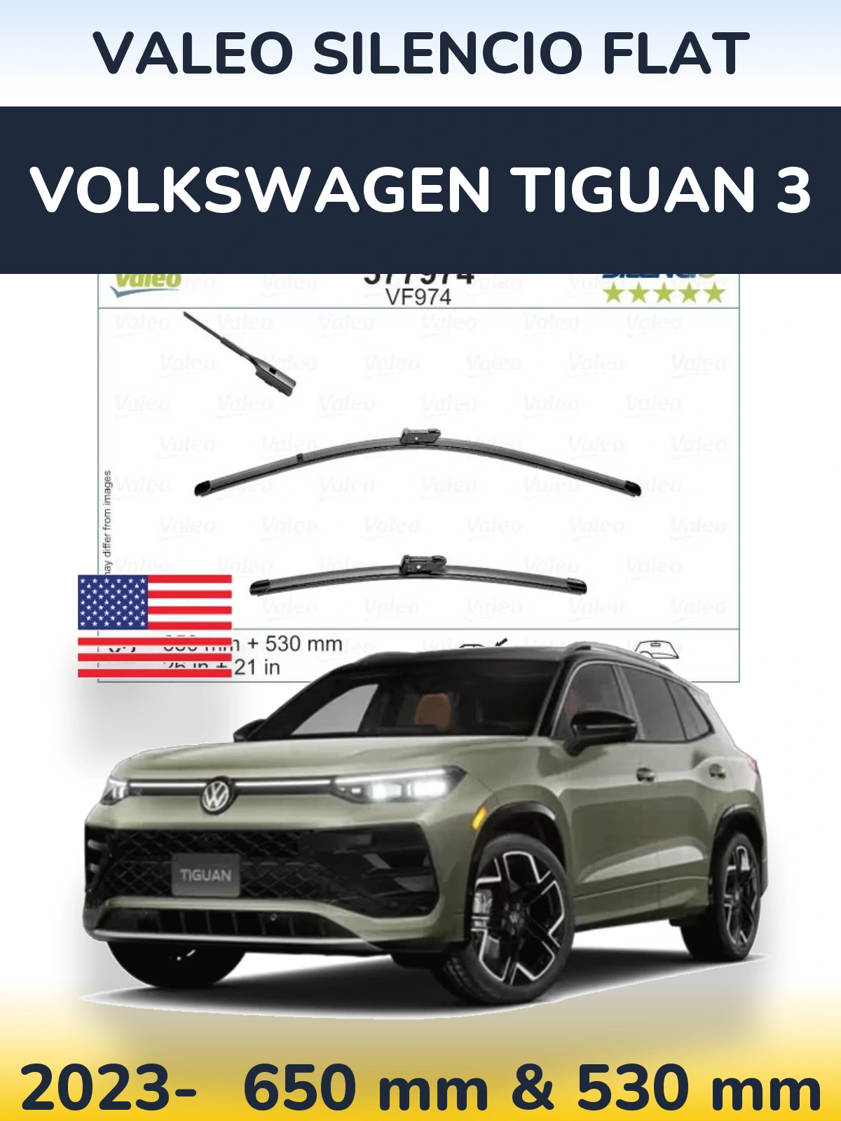 Комплект передних дворников Valeo Silencio Flat 650 & 530 мм для Volkswagen Tiguan 3 2023-2026