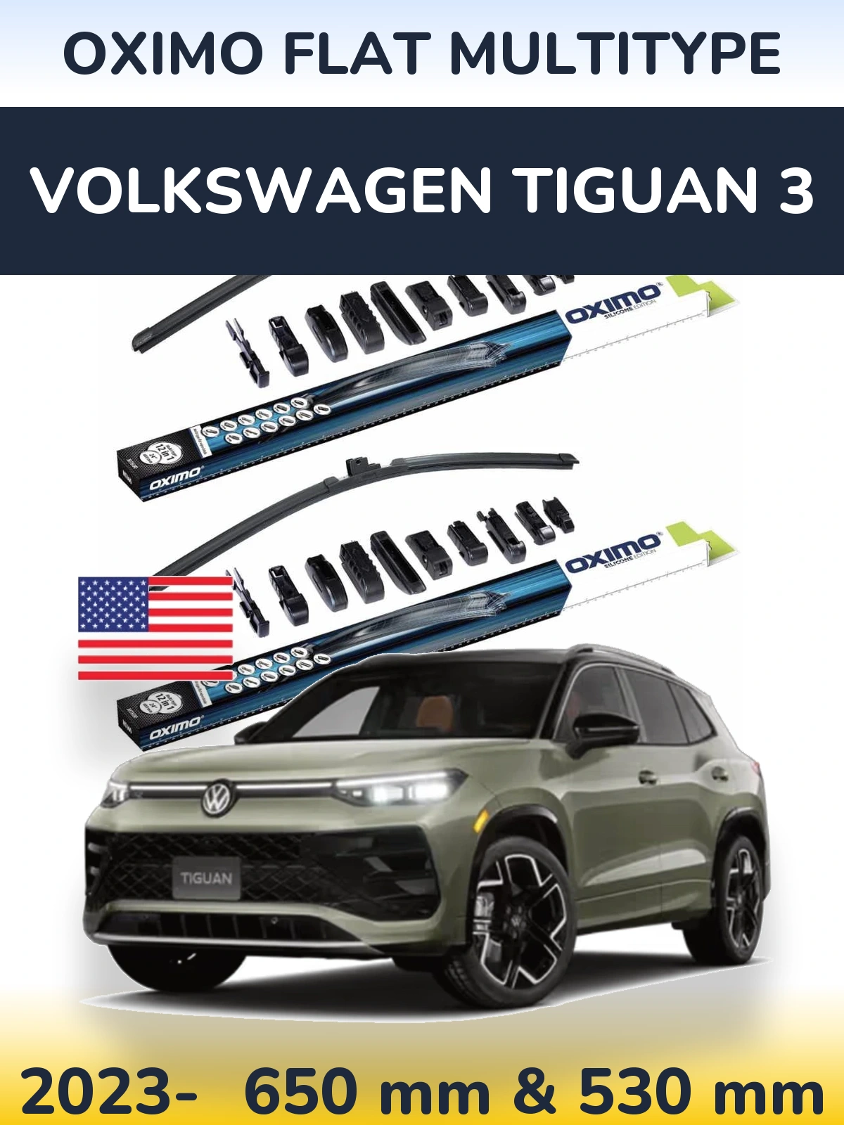 Комплект передних дворников Oximo Flat MultiТипe 650 & 530 мм для Volkswagen Tiguan 3 2023-2026