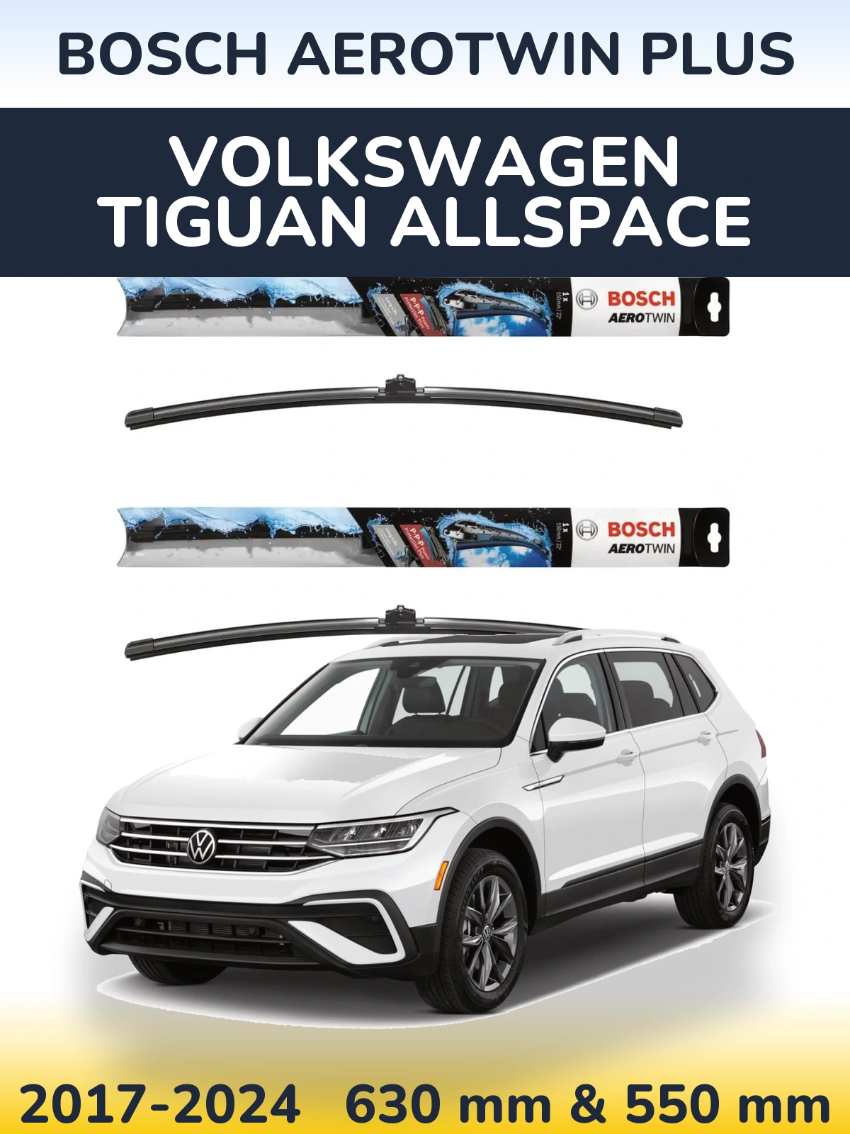 Front wiper blade set BOSCH AeroTwin Plus 600 & 550 mm for Volkswagen Tiguan Allspace 2017-2024