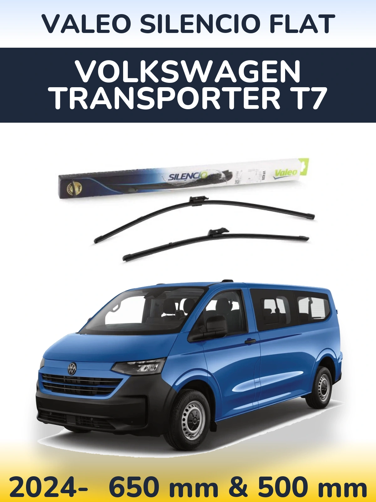 Front wiper blade set Valeo Silencio Flat 650 & 500 mm for Volkswagen Transporter T7 2024-2026