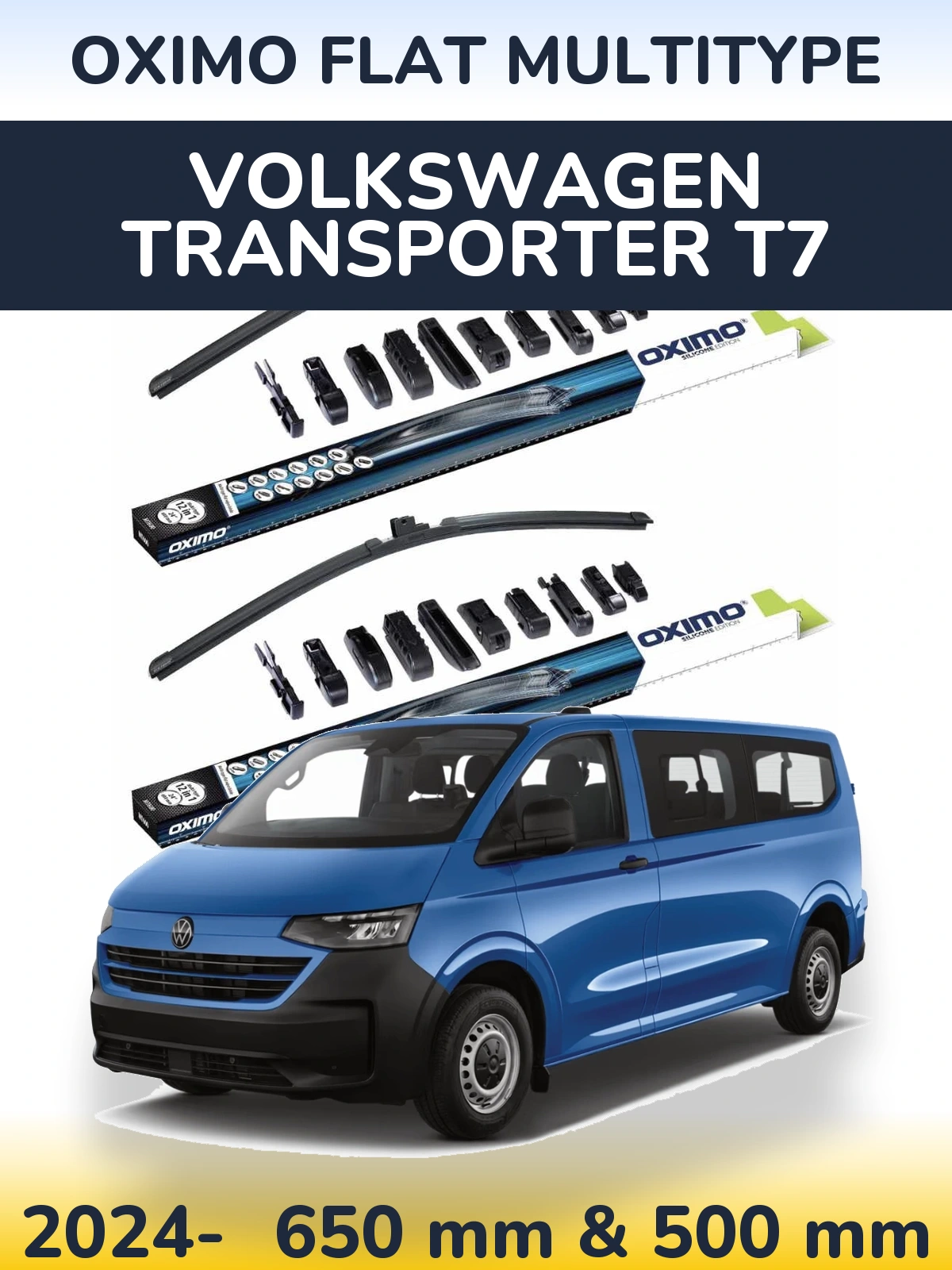 Комплект передних дворников Oximo Flat MultiТипe 650 & 500 мм для Volkswagen Transporter T7 2024-2026
