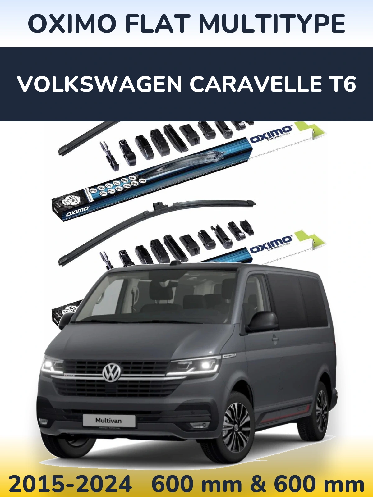 Front wiper blade set Oximo Flat MultiTipse 600 & 600 mm for Volkswagen Caravelle T6 2015-2024