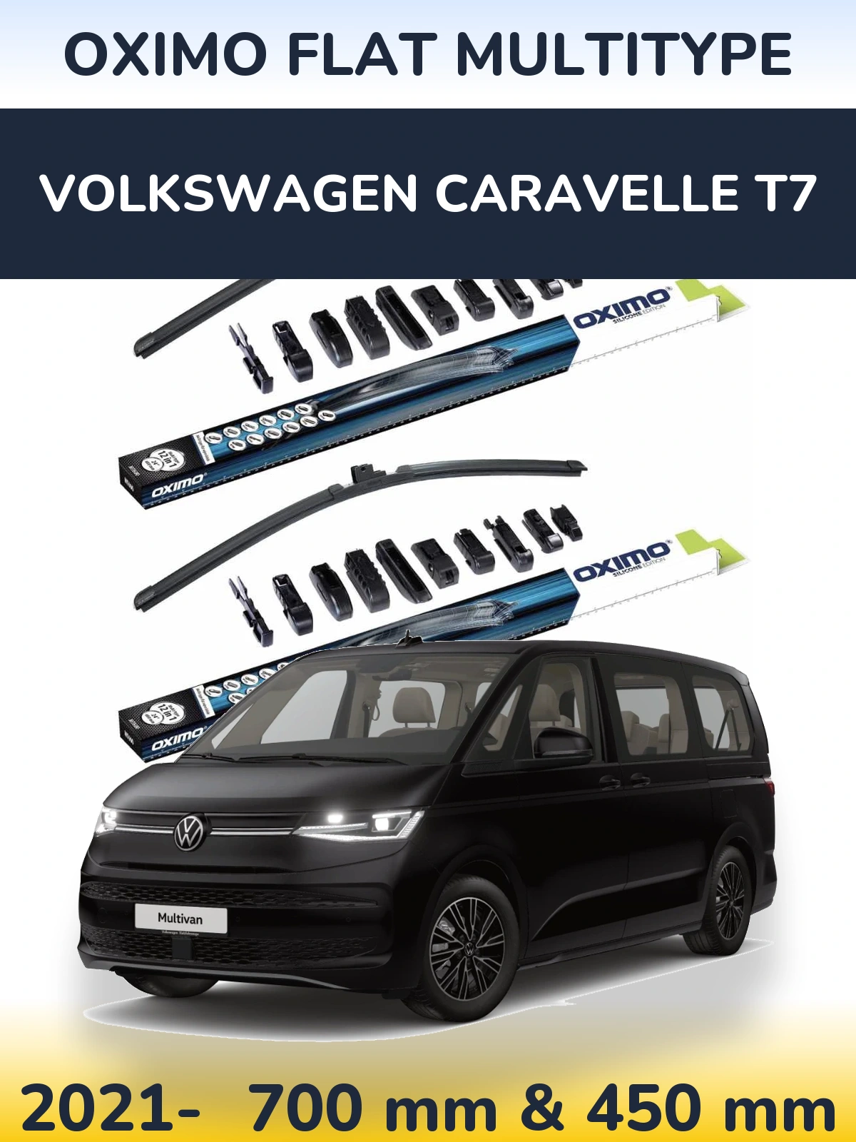 Комплект передних дворников Oximo Flat MultiТипe 700 & 450 мм для Volkswagen Caravelle T7 2021-2026