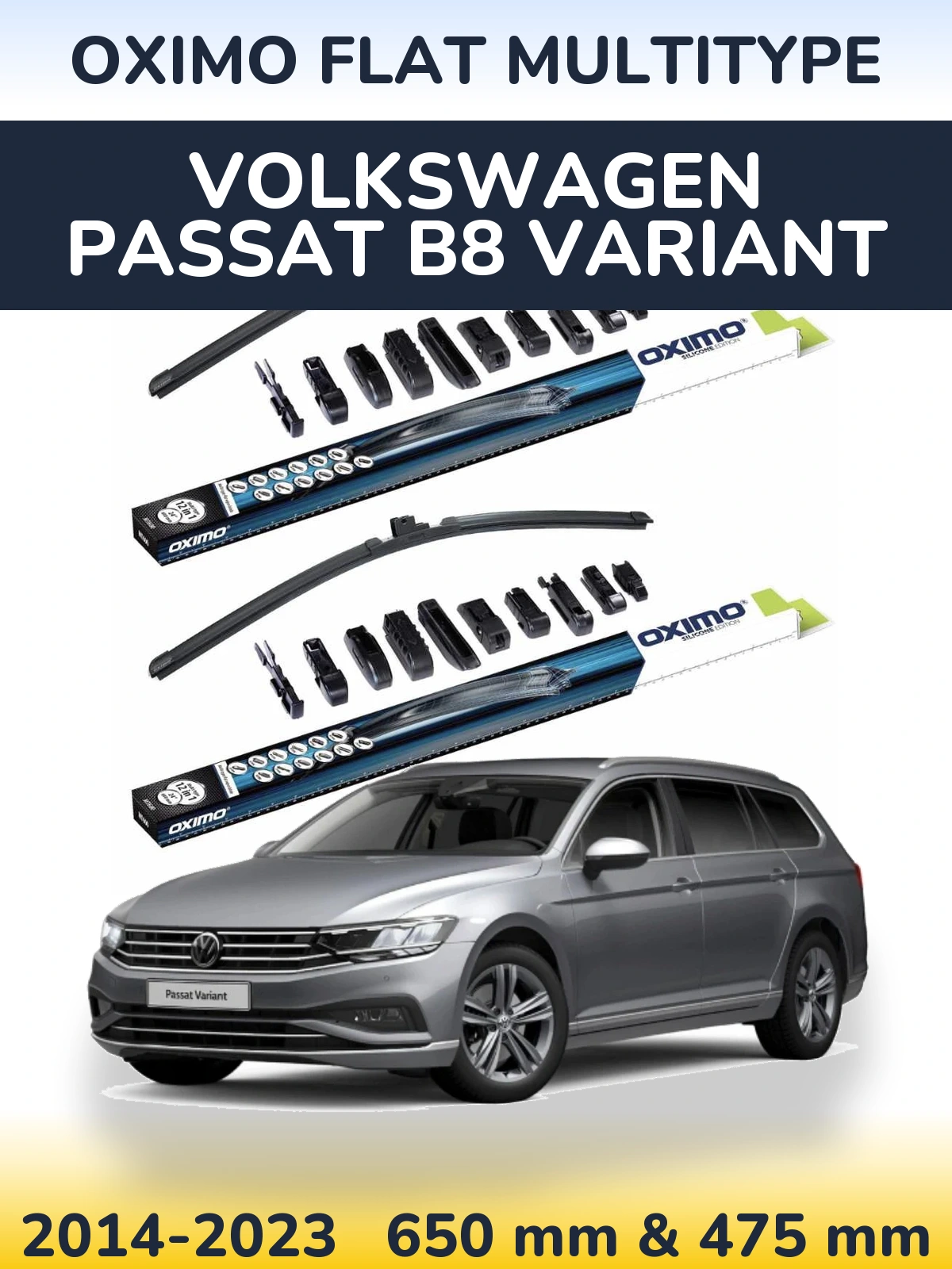 Front wiper blade set Oximo Flat MultiTipse 650 & 475 mm for Volkswagen Passat B8 Variant 2014-2023