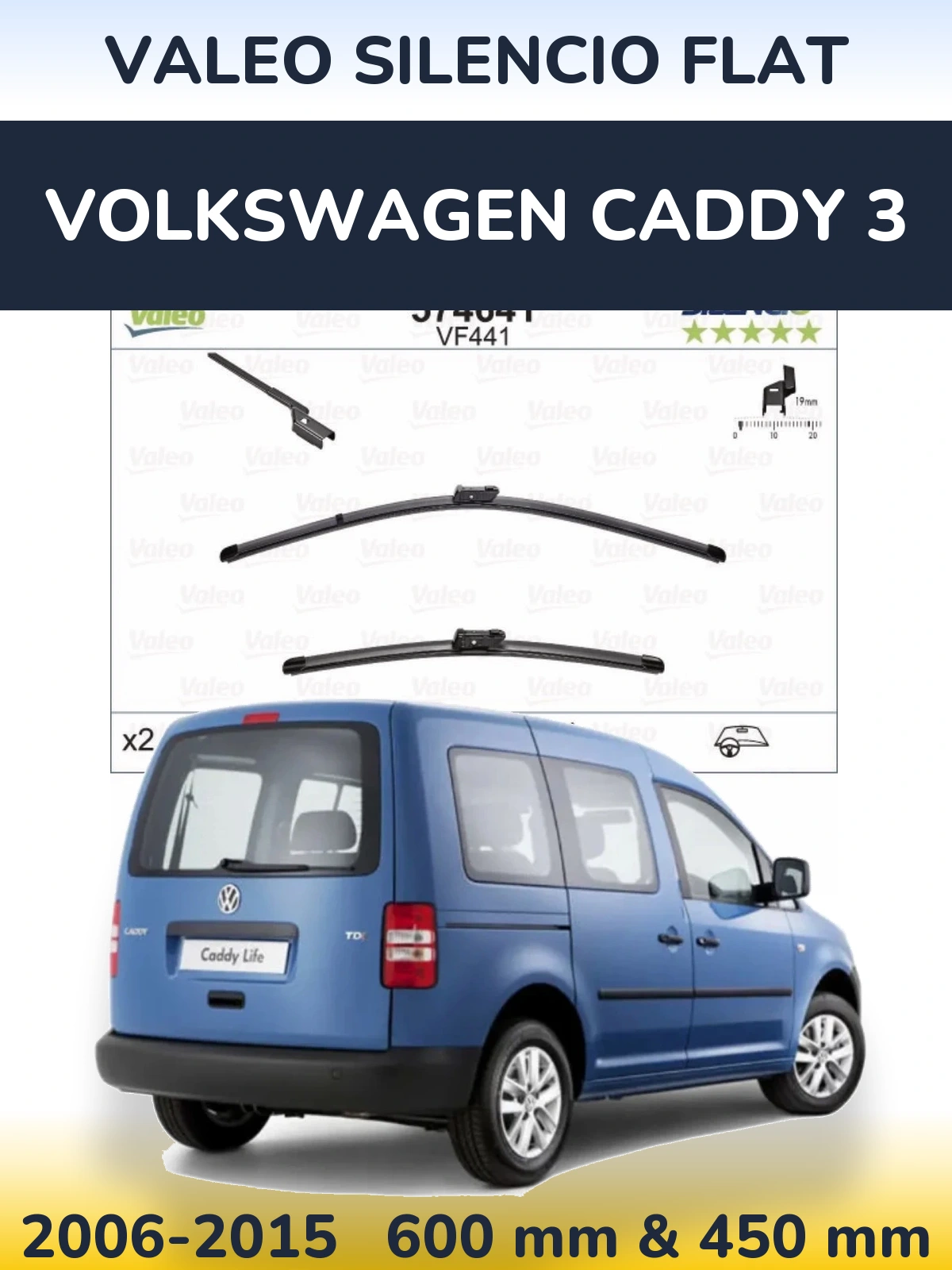 Комплект передних дворников Valeo Silencio Flat 600 & 450 мм для Volkswagen Caddy 3 2006-2015