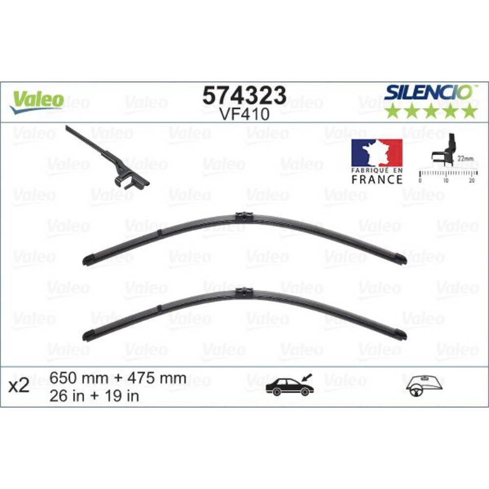 Front wiper blade set Valeo Silencio Flat 650 & 475 mm for Citroen C5 Break 2003-2008