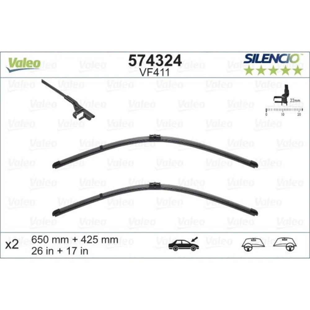Front wiper blade set Valeo Silencio Flat 650 & 420 mm for Ford Focus 2 2004-2008