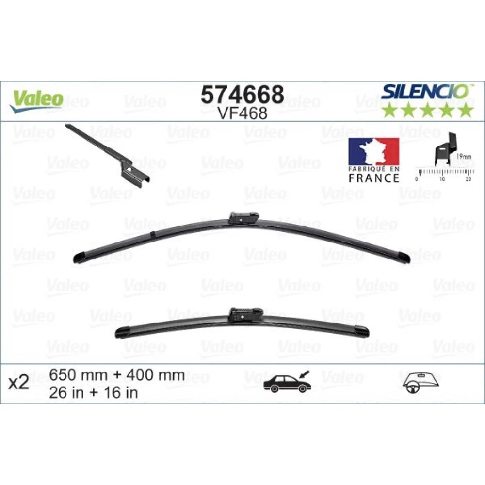 Front wiper blade set Valeo Silencio Flat 650 & 400 mm for Opel Adam 2013-2019