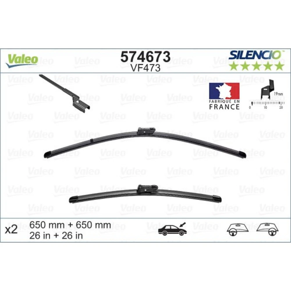 Front wiper blade set Valeo Silencio Flat 650 & 650 mm for Opel Astra J 2009-2015