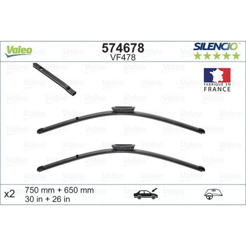 Front wiper blade set Valeo Silencio Flat 750 & 650 mm for Renault Grand Scenic 2009-2016