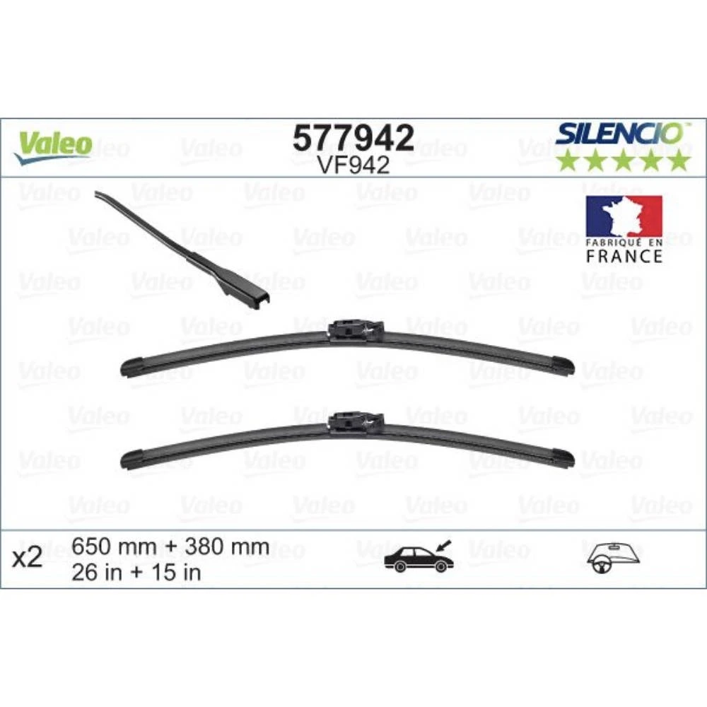 Front wiper blade set Valeo Silencio Flat 650 & 380 mm for Renault Captur 2016-2019