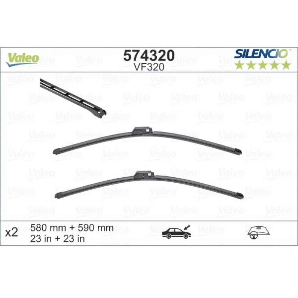 Front wiper blade set Valeo Silencio Flat 590 & 580 mm for Bentley Arnage Drophead 2005-2009